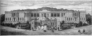 Gesamtansicht des Palais de Longchamp in Marseille, Bouches du Rhone (13), wie es 1859 von Frederic Auguste Bartholdi (1834-1904) vorgestellt wurde. Gravur in „Le Monde Illustré“ Nr. 681 vom 30. April von French School