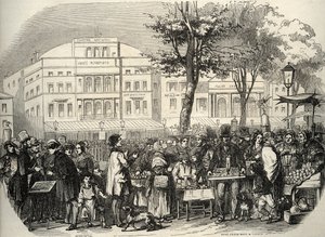 Gesamtansicht des Boulevard du Temple in Paris - Straßenhändler - Paris - Vue générale du boulevard du Temple - Straßenhändler - Gravur in „Tableau-de-Paris“ von Edmond Texier 1852