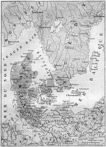 Geografische Karte von Dänemark im Jahr 1861, mit den Herzogtümern Schleswig, Holstein und Lauenburg. Gravur in „Le Monde Illustré“ Nr. 200 vom 9. Februar 1861 von French School