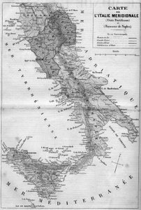 Geografische Karte von Süditalien im Jahr 1860: Päpstliche Staaten und Königreich Neapel. Gravur in „Le Monde Illustré“ Nr. 163 vom 26. Mai 1860 von French School