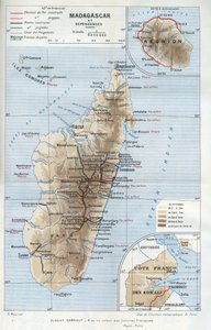 Geografische Karte der Kolonie Madagaskar und ihrer Abhängigkeiten, der Reunion und der französischen Küste von Somalia. in "La mise en valeur des colonies francaises", Albert Sarraut von French School
