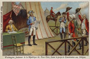 George Washington liest den Delegierten den Entwurf der Verfassung der Vereinigten Staaten vor