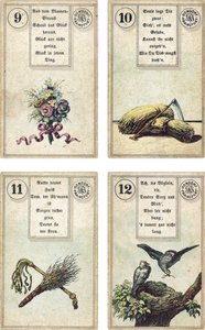Deutsche Ausgabe des Lenormand französischen Kartendecks: Die Blumen, Die Sense, Die Rute, Die Vögel, veröffentlicht von Dondorf, Frankfurt, 19. Jahrhundert von French School