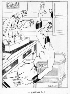 Deutscher Offizier erhält drei Aprilfische, Karikatur aus der April-Ausgabe von La Baionette, 29. März 1917