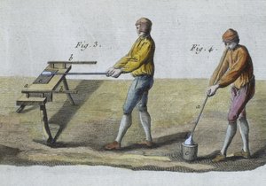 Glasblasen (Detail), Illustration aus der Encyclopedie des Sciences et Metiers von Denis Diderot, graviert von Robert Benard, veröffentlicht um 1770 (Farbstich) von French School