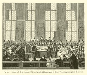 Großer Saal der Sorbonne, 1732, nach dem Originalgemälde von Gerard Terbourg, große Galerie des Louvre von French School