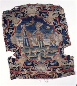 Gros Point und Petit Point Sitzbezug mit drei osteuropäischen Figuren und Vögeln, Mitte des 18. Jahrhunderts (Detail) von French School