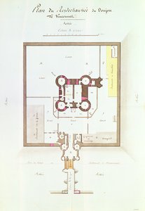 Grundriss des Erdgeschosses für das Gefängnis von Vincennes, 1810 (Feder und Tinte) von French School