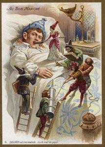 Gulliver ist sehr krank. Er leidet an Heimweh (Chromolithografie)