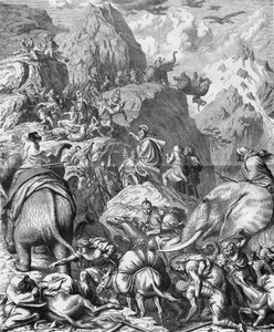Hannibal überquert die Alpen mit Elefanten, um nach Italien zu gelangen (Zweiter Punischer Krieg). Gravur des 19. Jahrhunderts