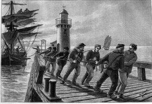 Schlepper ziehen ein Boot, Ende des 19. Jahrhunderts. Gravur in „Journal des Voyages“ vom 26. März 1899. von French School