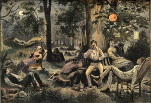 Hitze in New York: Bewohner campen in den Parks, aus der Zeitung "Le Petit Parisien", am 26.07.1908 von French School