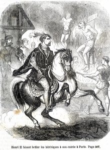 Heinrich II. (1519 - 1559) lässt die Ketzer bei seinem Einzug in Paris verbrennen - in „Histoire de France“ von L.-P. Anquetil von French School