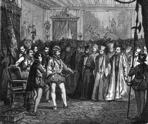 Heinrich IV. vor der Versammlung der Notablen in Rouen. In „Histoire Populaire de la France“, ca. 1885. Gravur.