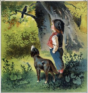 Henri beobachtet eine Amsel auf einem Ast im Wald und denkt darüber nach, wie sein Leben als Vogel wäre. Chromolithographie aus „Kindheitsszenen“, ed. Guerin - Muller um 1885. von French School