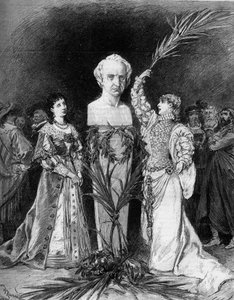 Henriette Rosine Bernard genannt Sarah Bernhardt rezitiert „Die Schlacht von Hernani“ von Francois Coppee, vor der Büste von Victor Hugo anlässlich des fünfzigsten Jahrestages des Stücks „Hernani“. Paris, Comédie Française von French School
