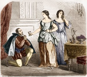 Heinrich IV. (1553-1610), König von Frankreich, wird von halbnackten Frauen bedient. Gravur in „Die Geschichte der Prostitution und Ausschweifung bei allen Völkern der Welt von der Antike bis heute“ von Dr. Th. -F. Debray. 1879.