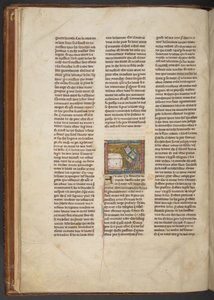 Eremit schreibt an einem Schreibtisch, aus "Estoire del Saint Graal, La Queste del Saint Graal, Morte Artu", ca. 1315-25