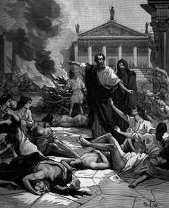 Hippokrates (griechisch Hippokrates) griechischer Arzt (460 bis 380 v. Chr.) kommt nach Athen und bekämpft die Pest durch das Entzünden großer Feuer.