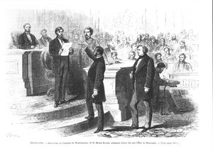 Hiram Revels, der erste schwarze Senator des Staates Mississippi, wird in den Washingtoner Kongress eingeschworen von French School