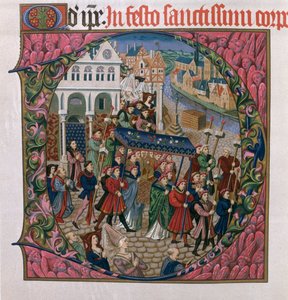 Historisierte Initiale D, die eine religiöse Prozession auf dem Place de Grève, Paris im 15. Jahrhundert darstellt (Faksimile-Ausgabe des Missel de Jouvenel des Ursins) von French School