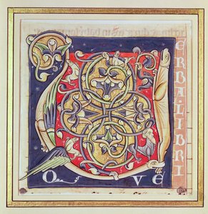 Historisierte Initiale U mit einem verschlungenen Muster und fantastischen Tieren, aus der Bibel von Saint-Andre aux-Bois