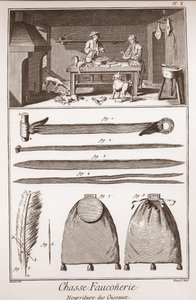 Jagd - Falknerei - Fütterung der Vögel - Gravur von Benard nach Goussier - „Die große Enzyklopädie, oder Wörterbuch der Wissenschaften, Künste und Berufe“ von Denis Diderot (1713 von French School