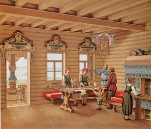 Idealisiertes Interieur einer russischen Izba, ca. 1880 von French School