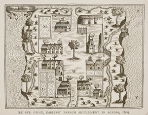 Île Ste. Croix, die früheste französische Siedlung in Akadien, 1604, aus Voyages von Samuel de Champlain (ca. 1580-1635), 1613 von French School