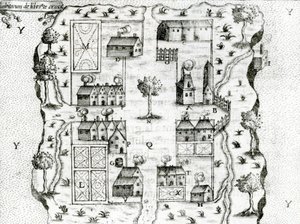 Île Ste. Croix, die früheste französische Siedlung in Akadien, 1604, aus den Reisen von Samuel de Champlain, 1613