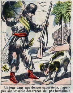 Illustration für das Buch von Daniel Defoe „Robinson Crusoe“. Epinal-Bild vom Ende des 19. Jahrhunderts