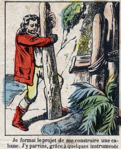 Illustration für das Buch von Daniel Defoe „Robinson Crusoe“. Epinal-Bild aus dem späten 19. Jahrhundert. von French School
