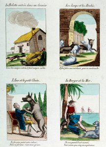 Illustrationsbrett für die Fabeln von Jean de La Fontaine: Wiesel, das auf einen Dachboden gelangt, Wölfe und Schafe, Esel und Hund, Hirte und Meer. Gravur von French School