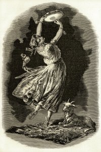 Illustration für „Notre-Dame de Paris“ von Victor Hugo: Esmeralda tanzt und spielt Tamburin neben ihrer Ziege, Anfang des 20. Jahrhunderts (Lithografie)