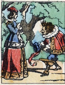 Illustration für „Riquet mit der Locke“, Märchen von Charles Perrault (1628-1703), französischer Schriftsteller. Holzstich von Imaging Pellerin - Epinal, sp. Ende des 19. Jahrhunderts.