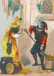 Illustration für die Geschichten aus Tausendundeiner Nacht. Ali-Baba (Ali Baba) belädt seine goldenen Esel und kehrt nach Hause zurück. Chromolithographie um 1890 von French School