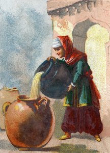 Illustration zu den Geschichten aus Tausendundeiner Nacht. Morgiane, eine Sklavin von Ali Baba, tötet die Diebe, indem sie kochendes Öl in jedes Gefäß gießt. Chromolithographie um 1890. von French School