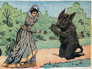 Illustration zum Märchen „Die Schöne und das Biest“: das Biest fragt die Schöne, die plötzlich erschrocken ist. Gravur von Quinn, um 1890.
