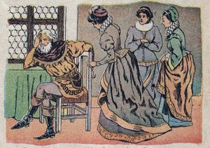 Illustration zum Märchen „Die Schöne und das Biest“: der Kaufmann in Not. Gravur von Quinn, um 1890. von French School