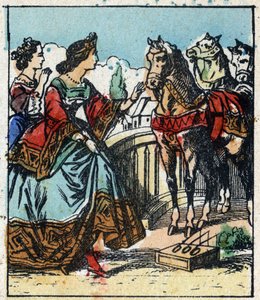 Illustration des Märchens „Aschenputtel oder Der kleine Glasschuh“ von Charles Perrault. Holzschnitt von Imaging Pellerin - Epinal, sp. Ende des 19. Jahrhunderts.
