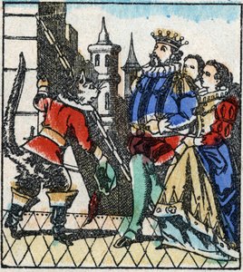 Illustration des Märchens „Der gestiefelte Kater“ von Charles Perrault. Holzschnitt von Imaging Pellerin - Epinal, sp. Ende des 19. Jahrhunderts