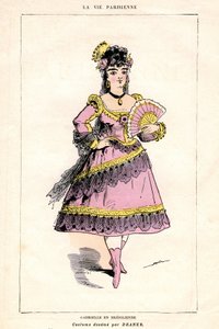 Illustration von „La Vie Parisienne“, Stück und Oper (Opern-Food) von Jacques Offenbach auf ein Libretto von Ludovic Halevy und Henri (Henry) Meilhac, Buchausgabe der Illustree Buchhandlung 1875 - Gabrielle in Bresilienne: Kostüm gezeichnet von Draner (183