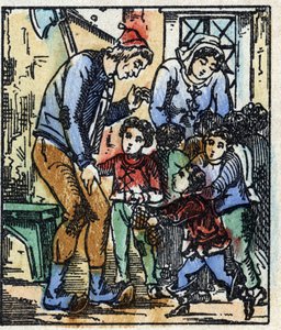 Illustration des Märchens „Der kleine Däumling“ von Charles Perrault. Holzstich aus Imaging Pellerin - Epinal, sp. 19. Jahrhundert.