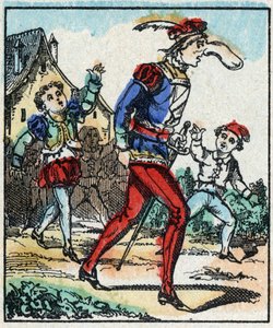 Illustration des Märchens „Die Abenteuer von Grand Flandrin“ Holzgravur von Imaging Pellerin - Epinal, sp. 19. Jahrhundert. von French School