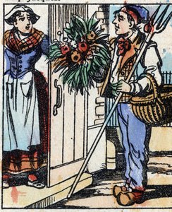 Illustration der Geschichte „Die Gabel des Teufels“. Holzstich aus Imaging Pellerin - Epinal, sp. 19. Jahrhundert. von French School