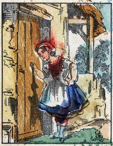 Illustration der Geschichte „Rotkäppchen“ von Charles Perrault. Holzstich von Imaging Pellerin - Epinal, späte 19. Jahrhundert.