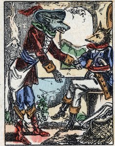Illustration des Märchens „Der Wolf, die Ziege und die sieben Geißlein“. Holzstich von Imaging Pellerin - Epinal, sp. 19. Jahrhundert. von French School