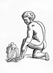 Illustration der Wirkungsweise der Kanäle der Zirbeldrüse auf das menschliche Nervensystem in Bezug auf eine Reaktion auf Feuer, aus Tractatus de Homine, veröffentlicht in Amsterdam von Elsevier, 1677 (Holzschnitt)