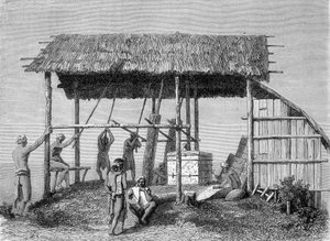 Illustration veröffentlicht in der Ausgabe von 1862 von „Le Tour du monde“, die einen Schmied bei den Dayaks auf der Insel Borneo zeigt. Gravur von French School
