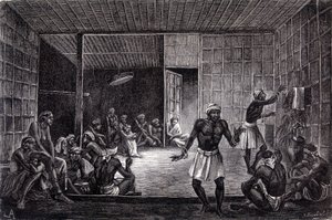 Illustration veröffentlicht in der Ausgabe von 1862 von „Le Tour du monde“, die eine Exorzismussitzung zeigt, die von den Dayaks auf der Insel Borneo praktiziert wird. Gravur von French School